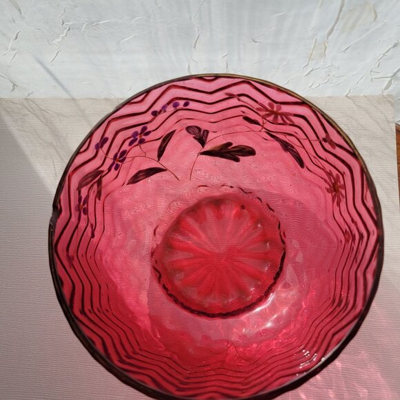 Vintage Hand-Painted Cranberry Glass Bowl Handpainted Floral Design &Chevron Pat - Picture 6 of 13